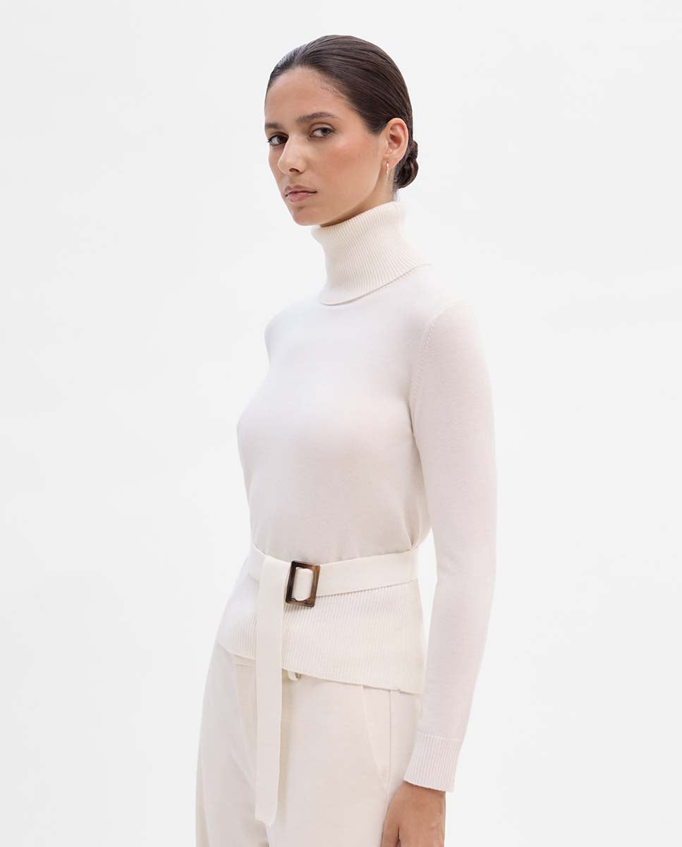 High-neck sweater with belt