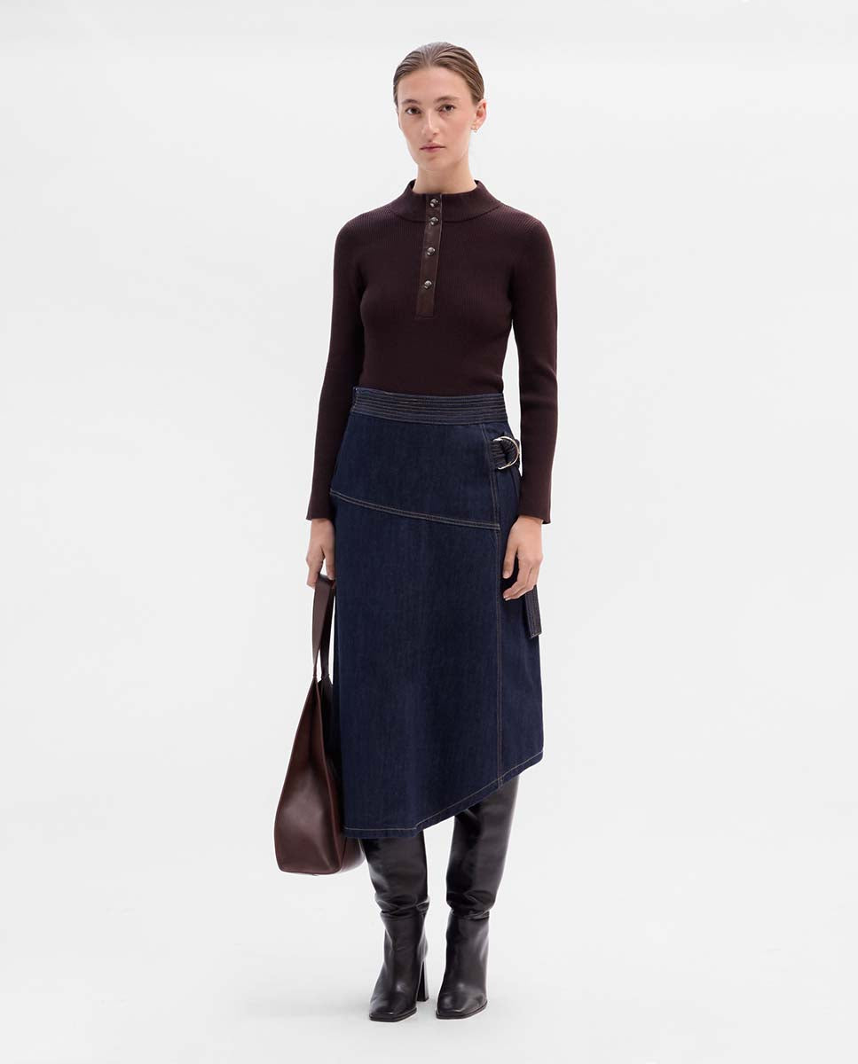 Pull côtelé détails cuir