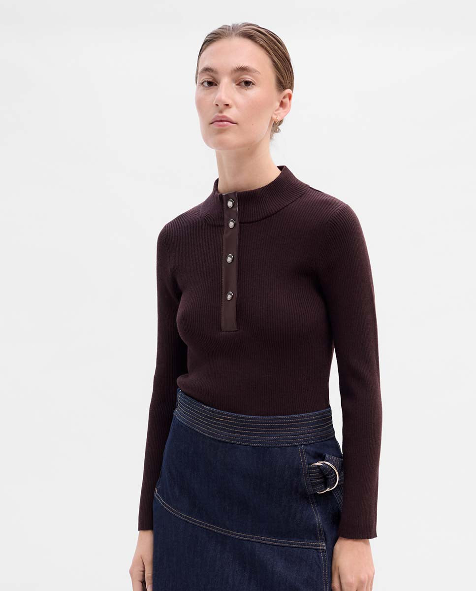 Pull côtelé détails cuir