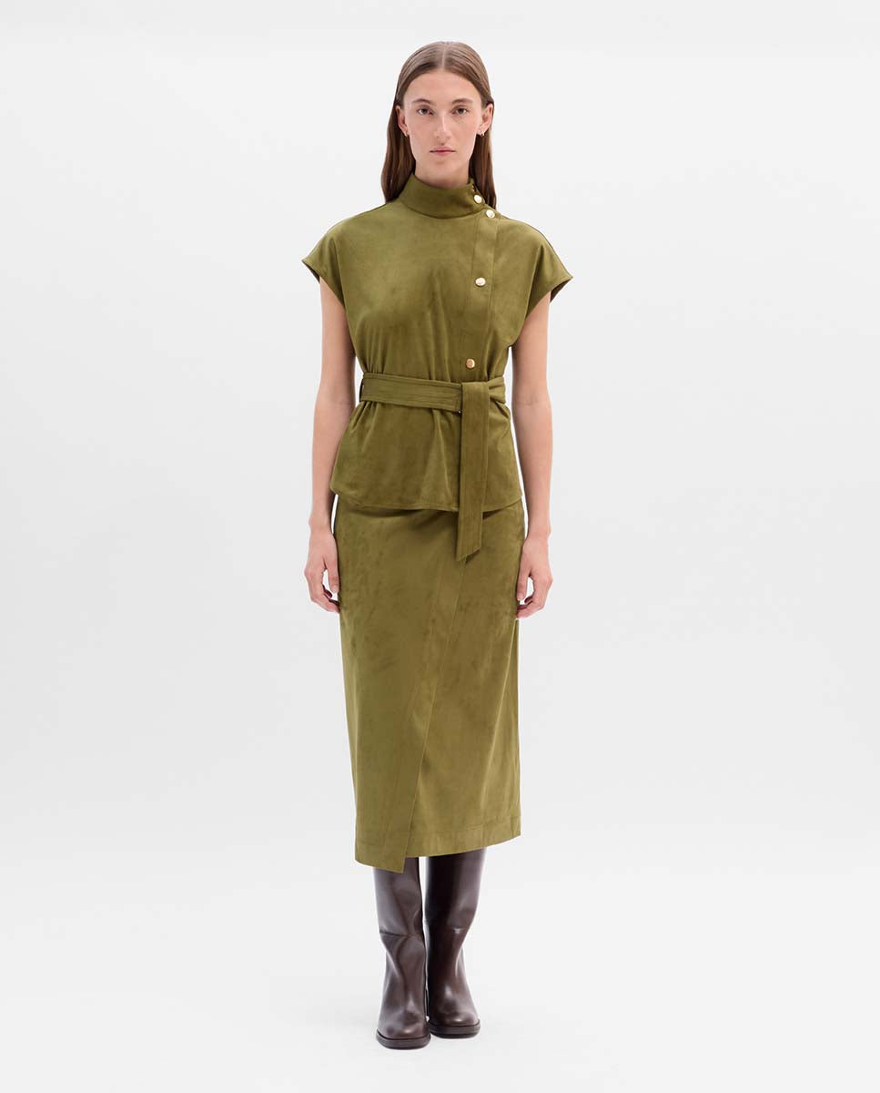 Wrapped suede midi skirt