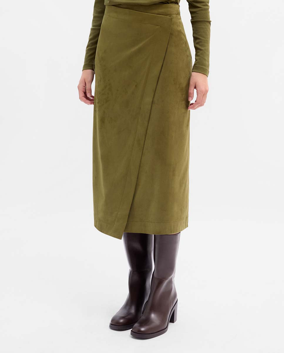 Wrapped suede midi skirt