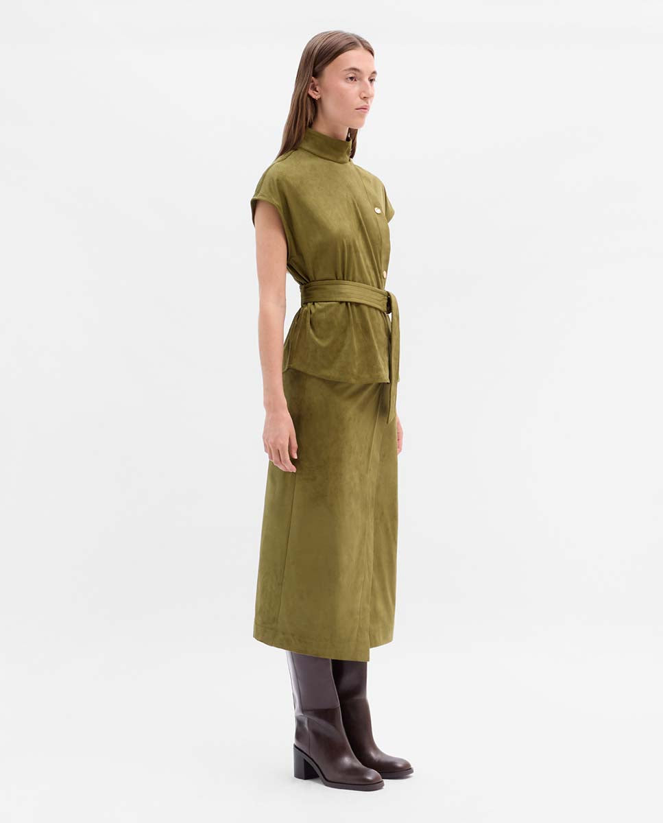 Wrapped suede midi skirt
