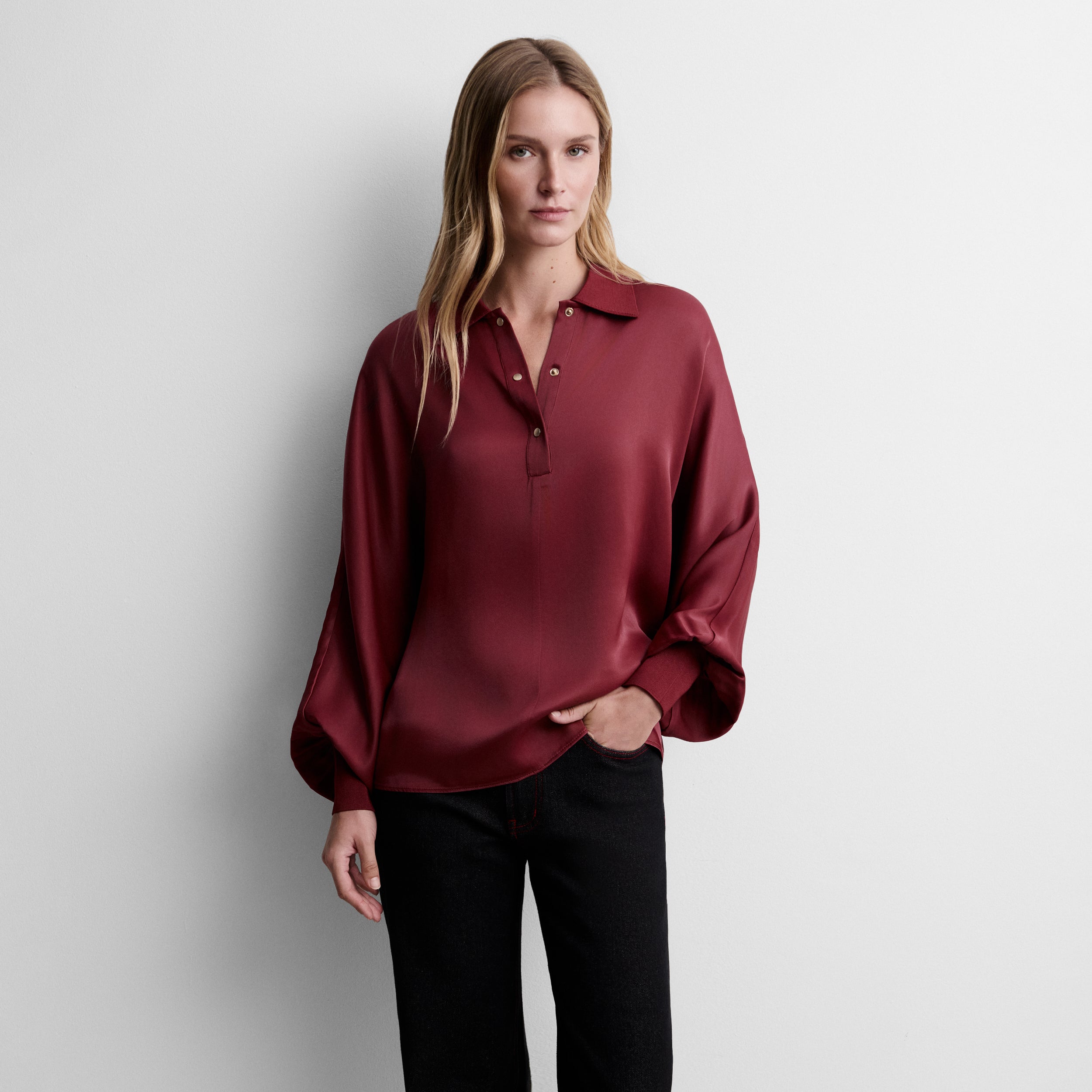 Satin blouse with batwing sleeve