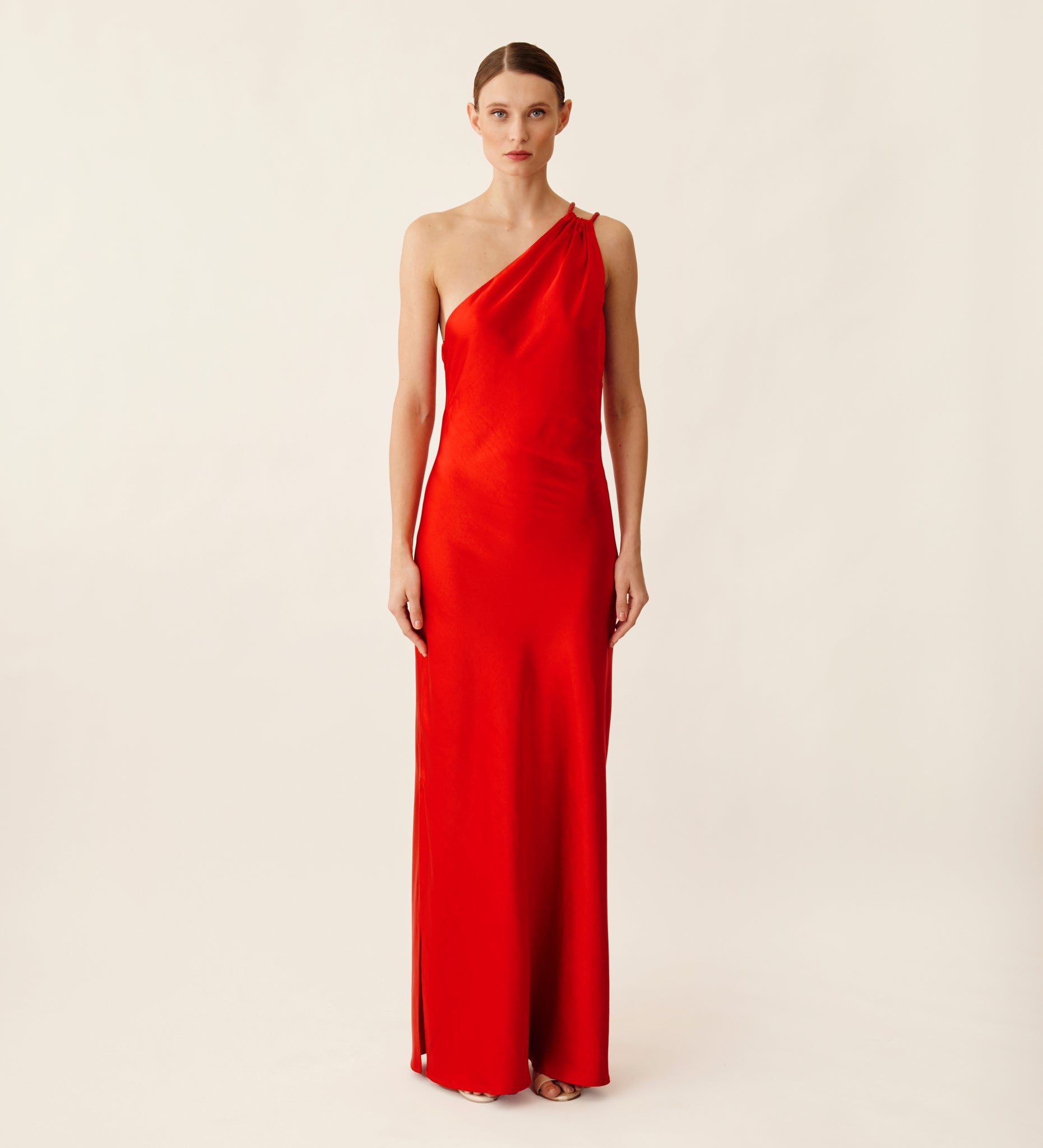 Long asymmetric satin dress