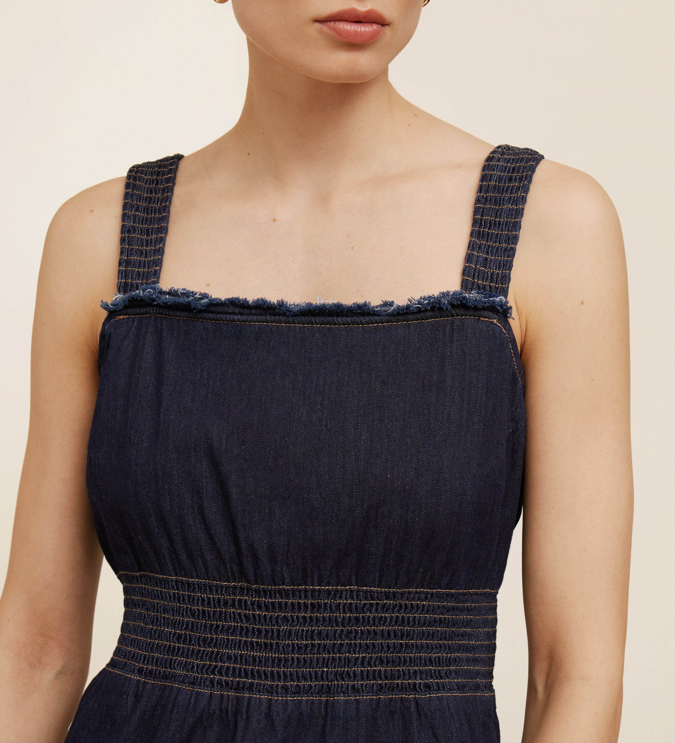 Denim midi dress with wrinkled detail