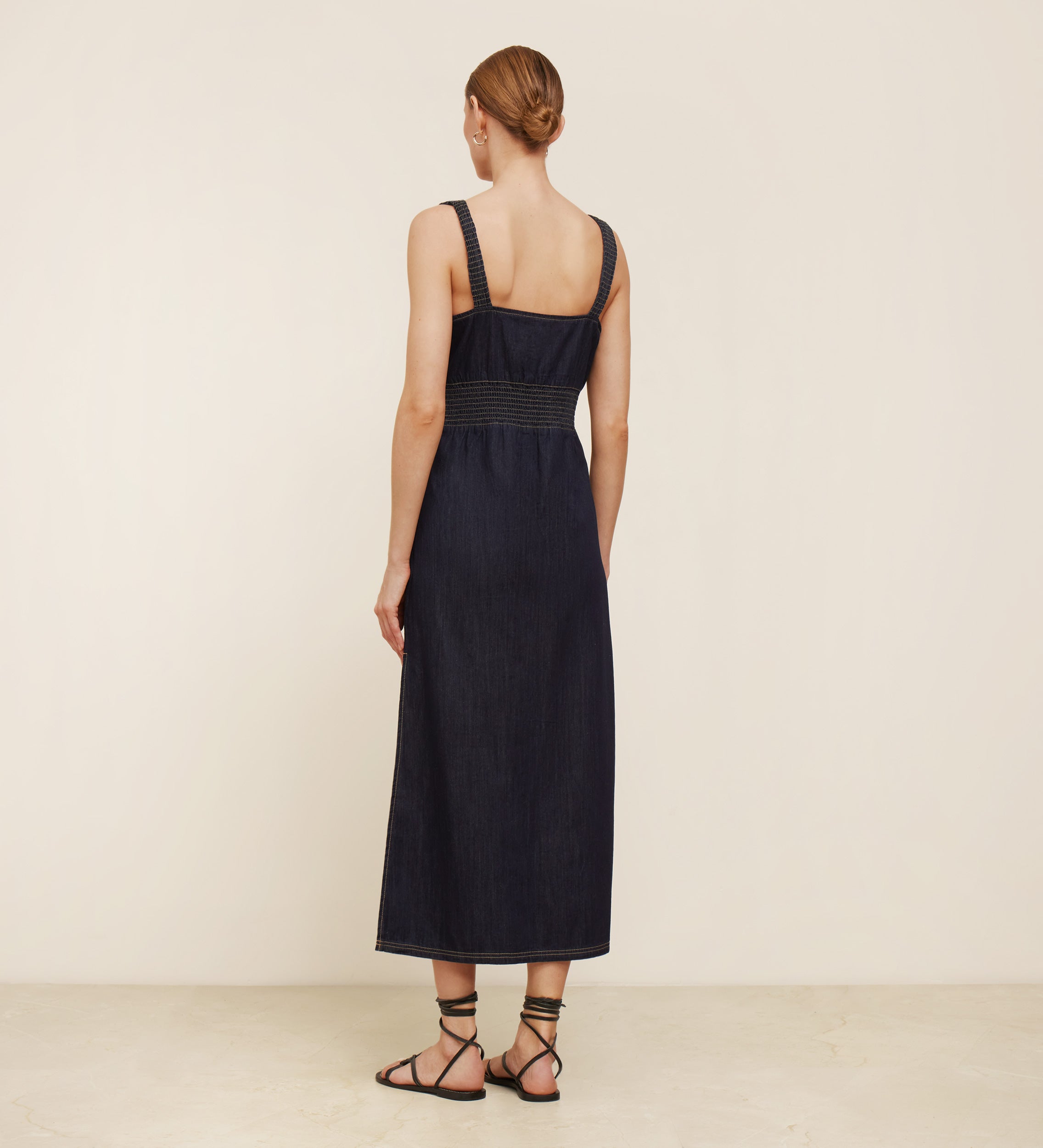Denim midi dress with wrinkled detail