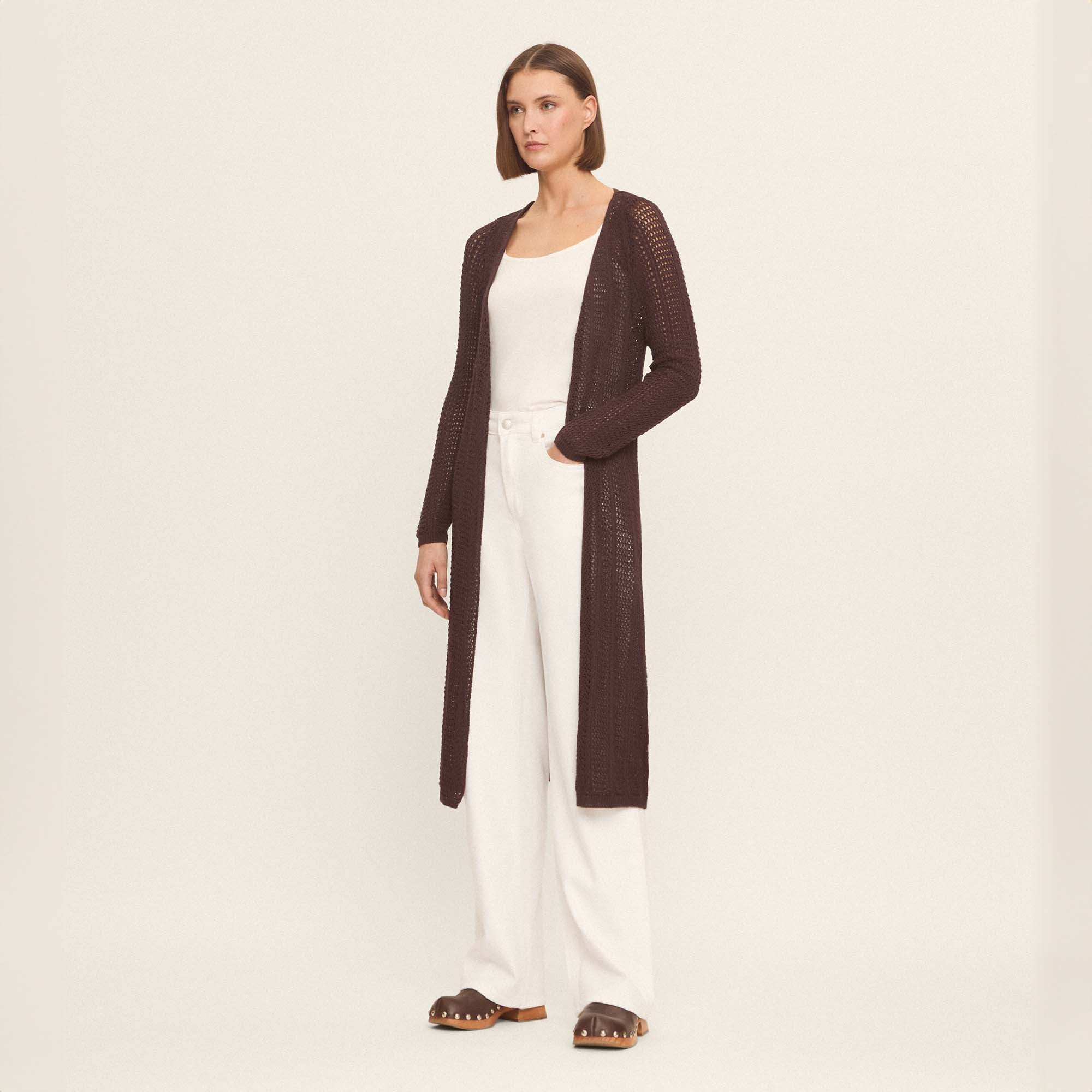Long openwork knit cardigan