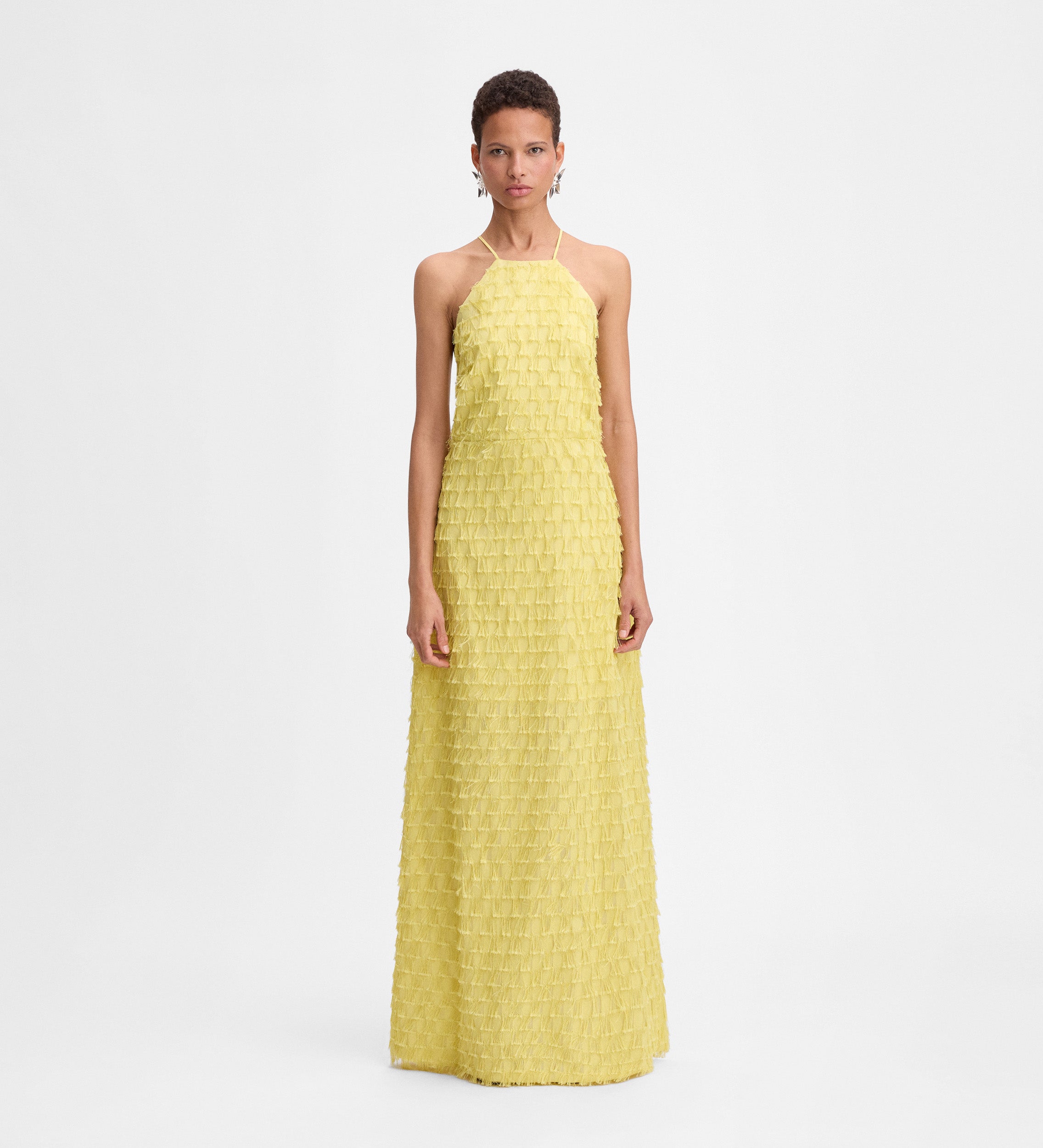 Vestido largo jacquard flecos