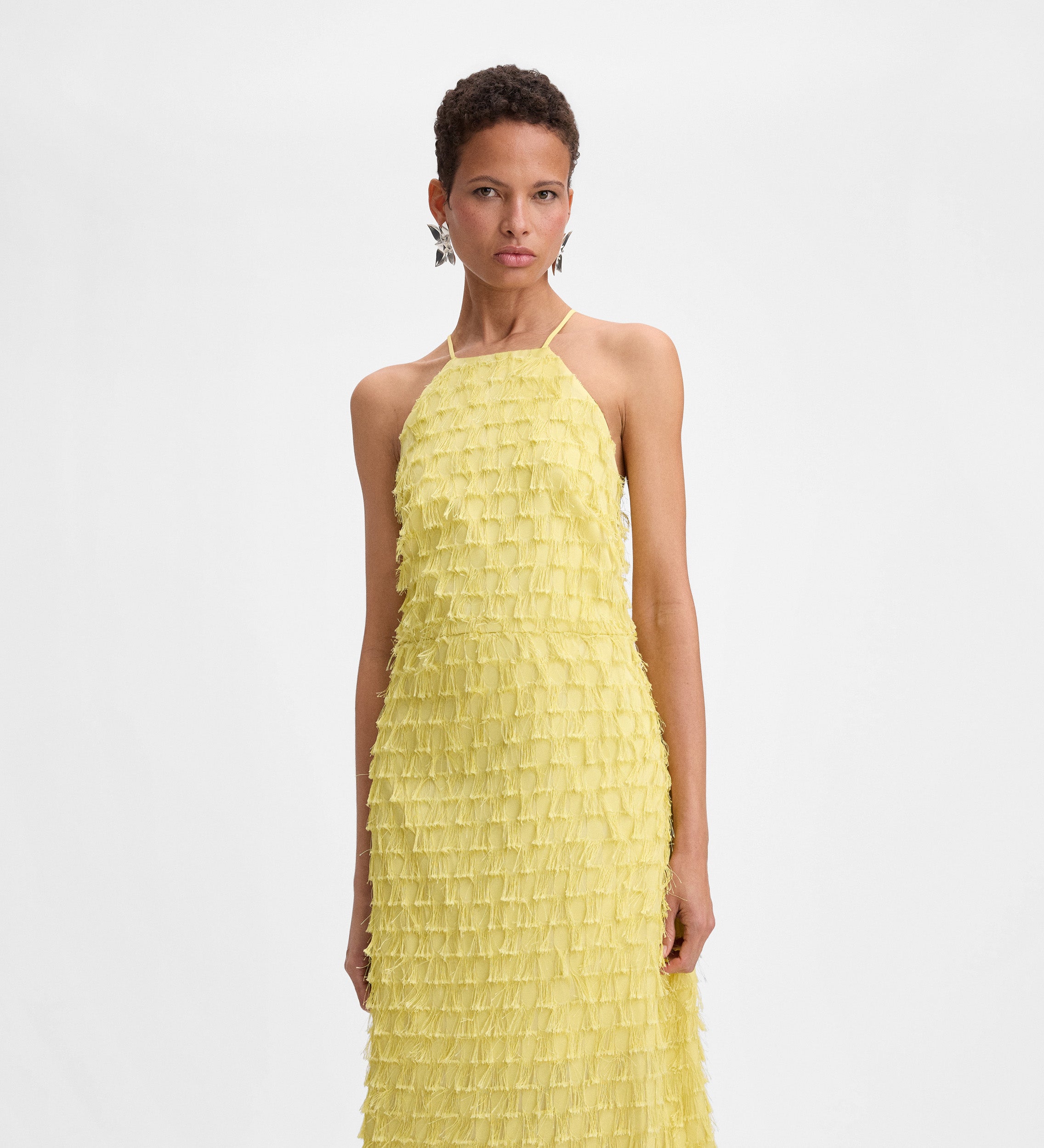 Vestido largo jacquard flecos