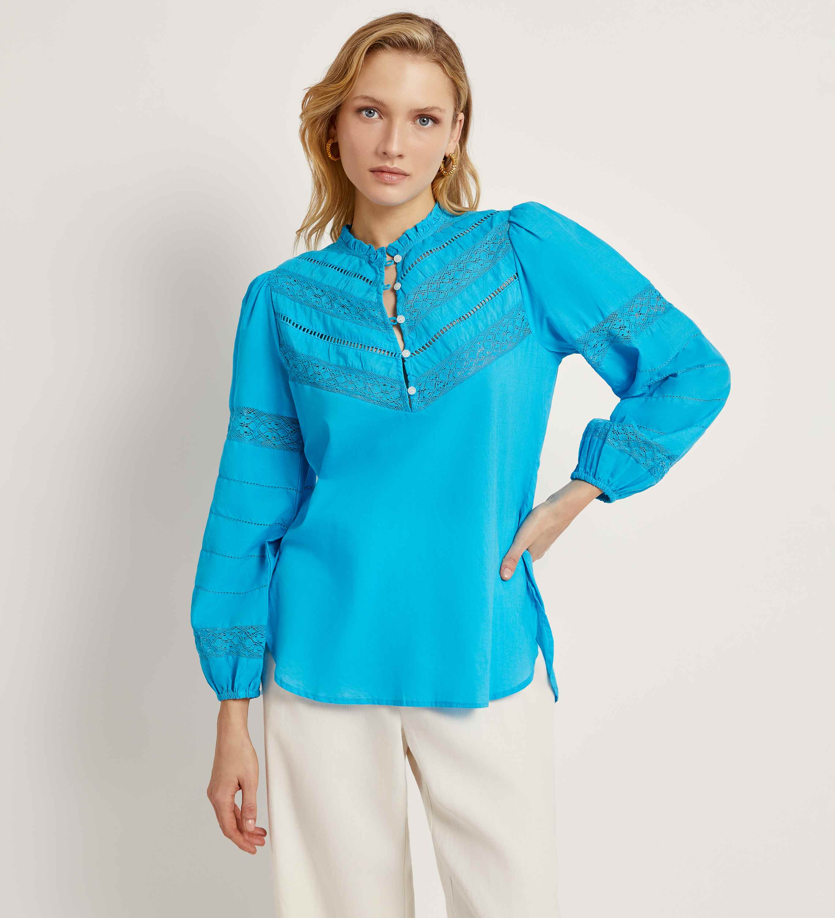 Mandarin collar long sleeve blouse