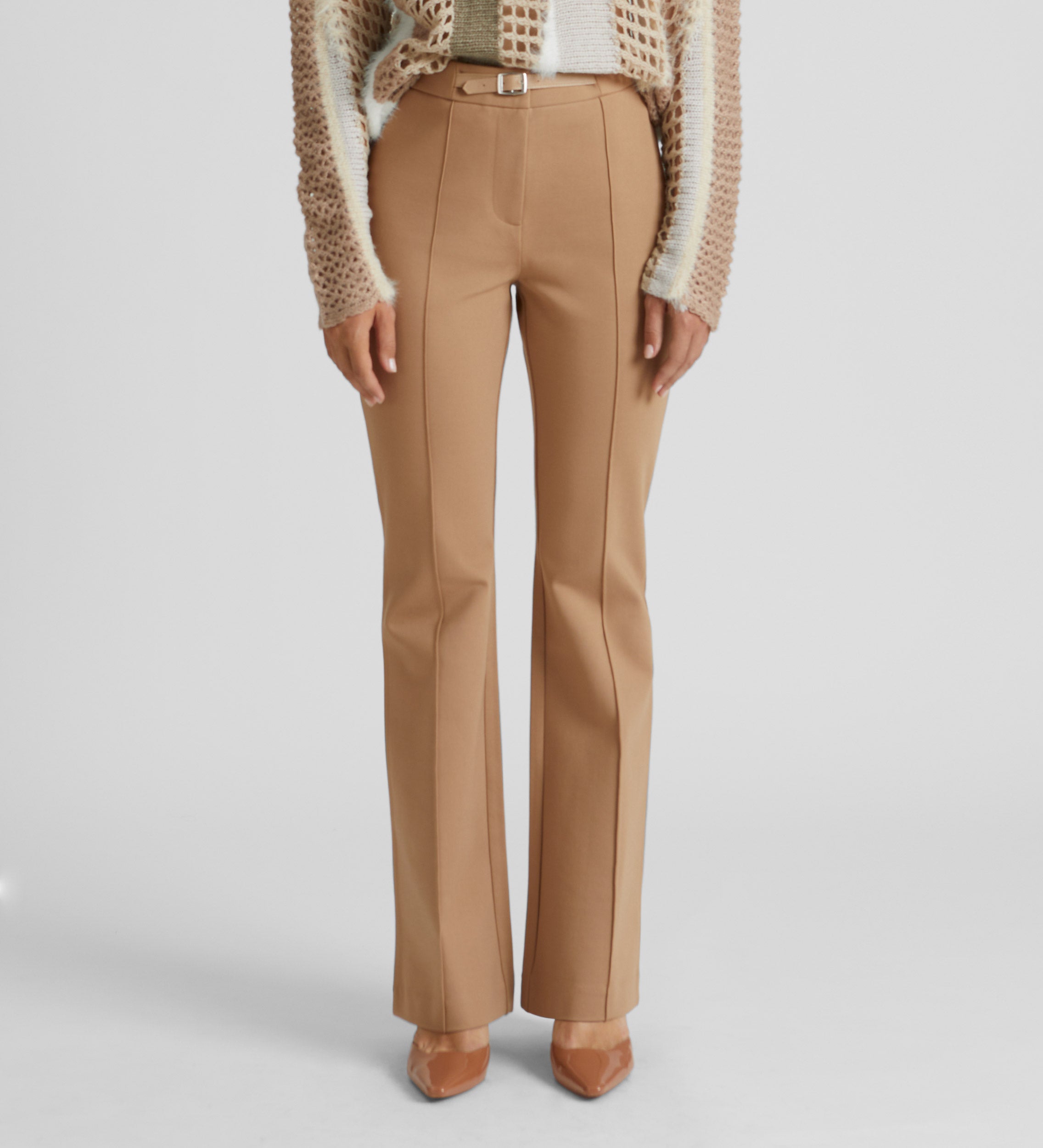 Elastic flared trousers with belt