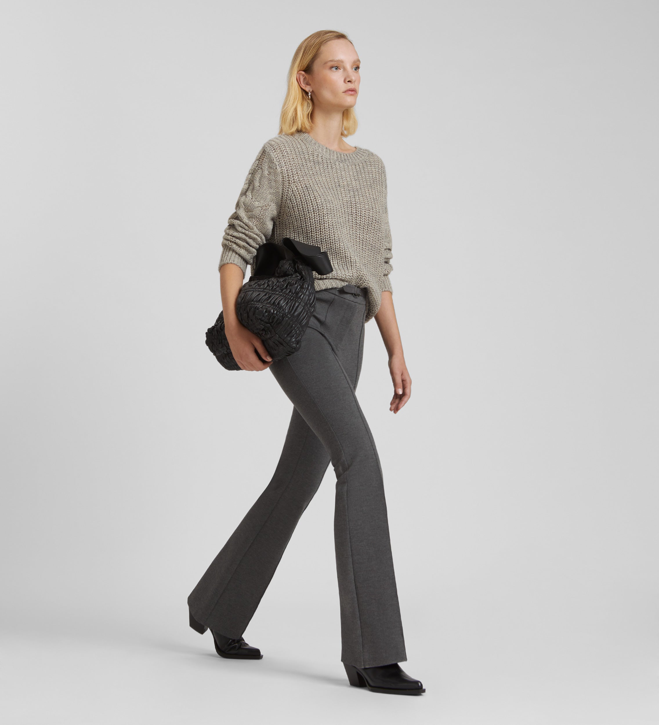 Elastic flared trousers with belt