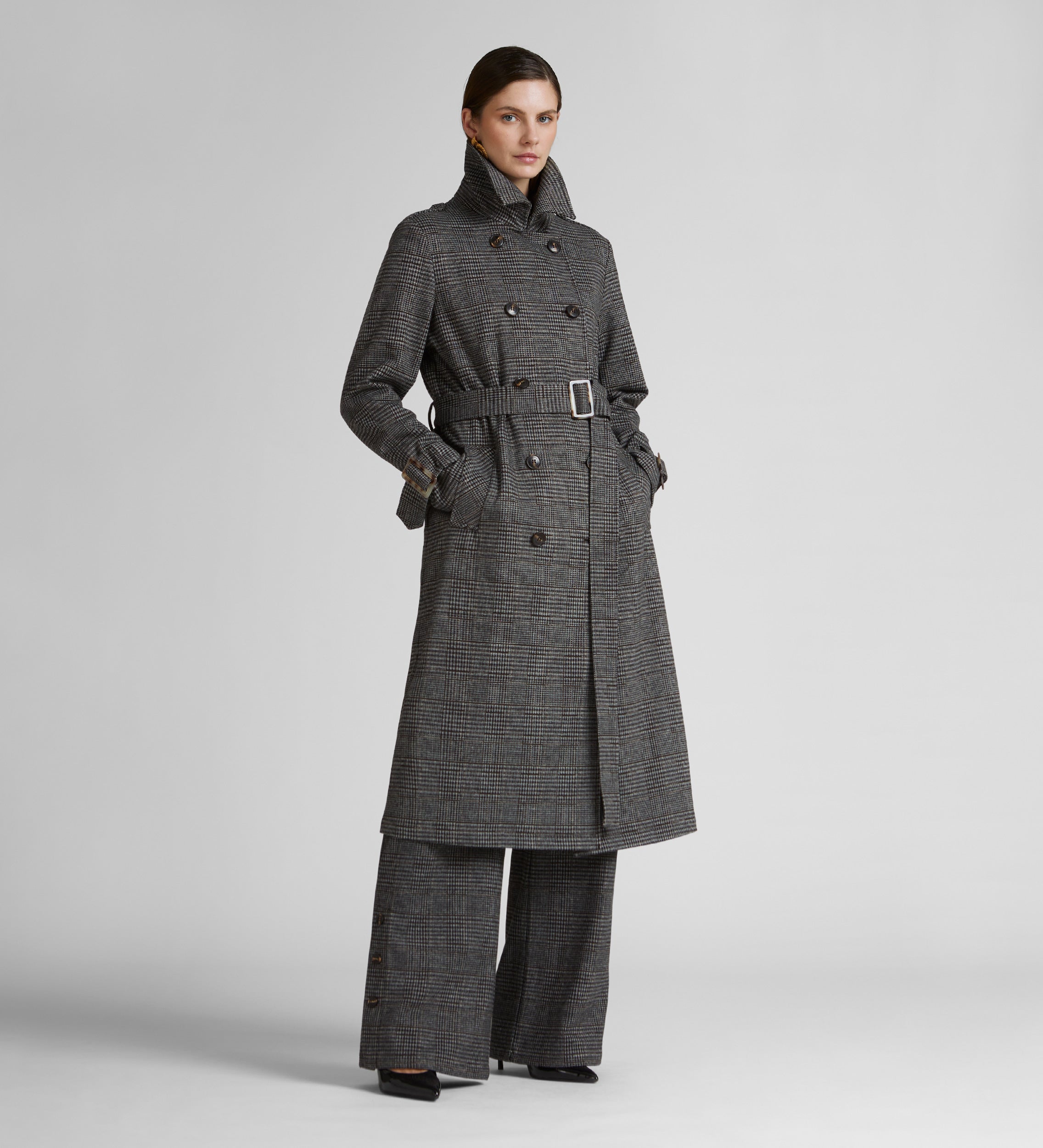 Stretch checked trench coat