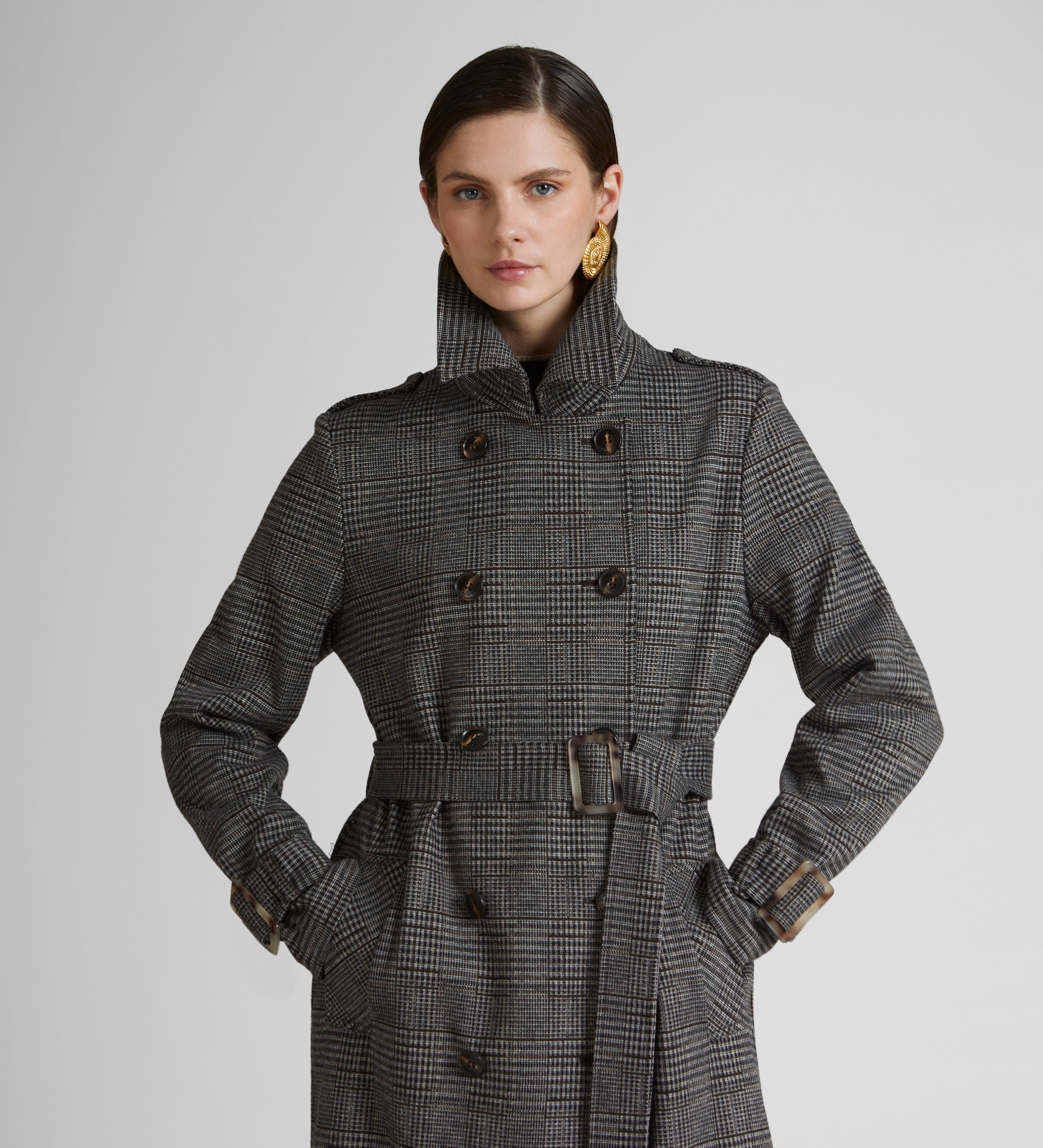 Stretch checked trench coat