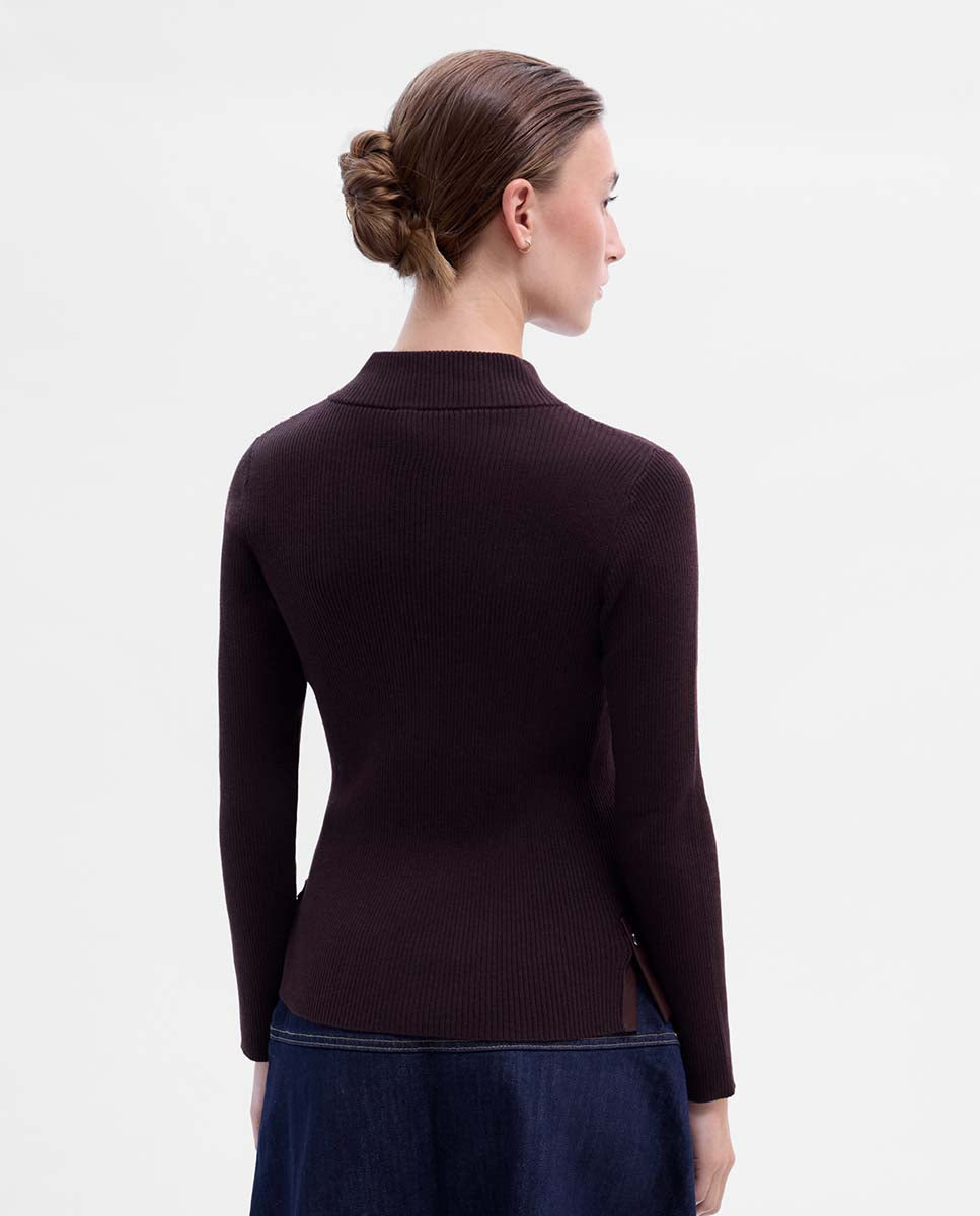 Pull côtelé détails cuir
