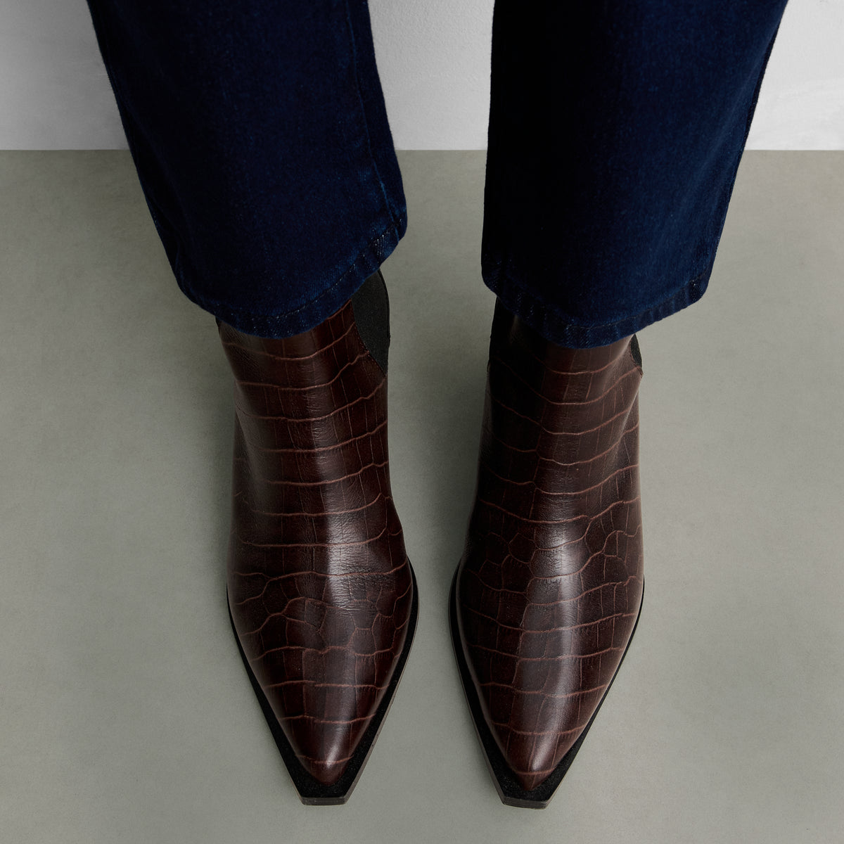 Crocodile-effect leather ankle boot