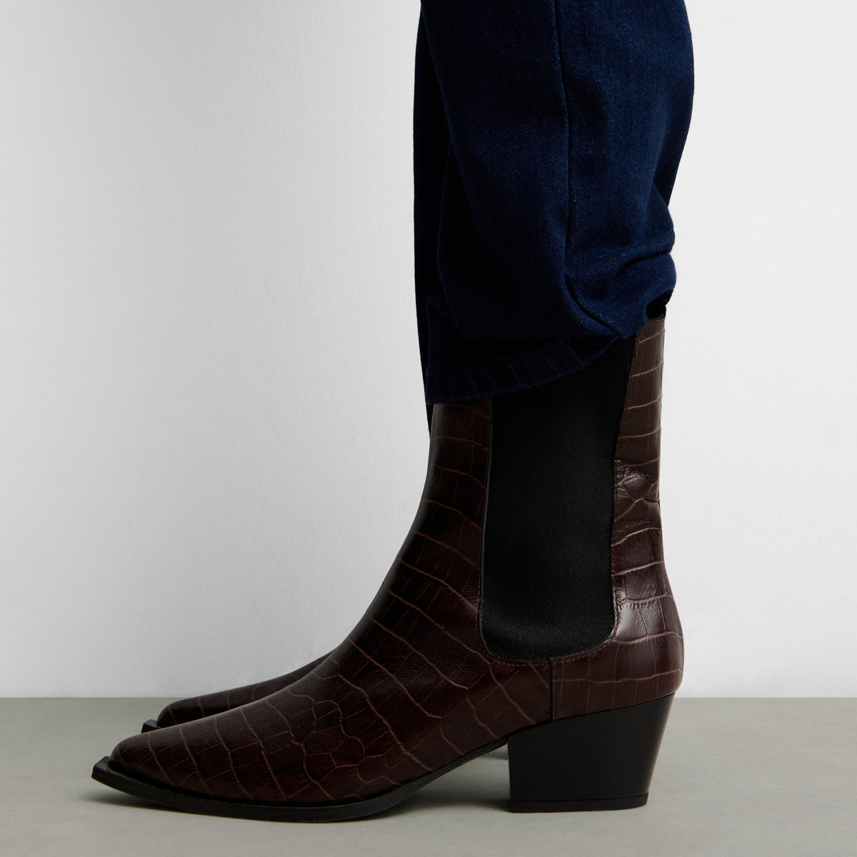 Crocodile-effect leather ankle boot