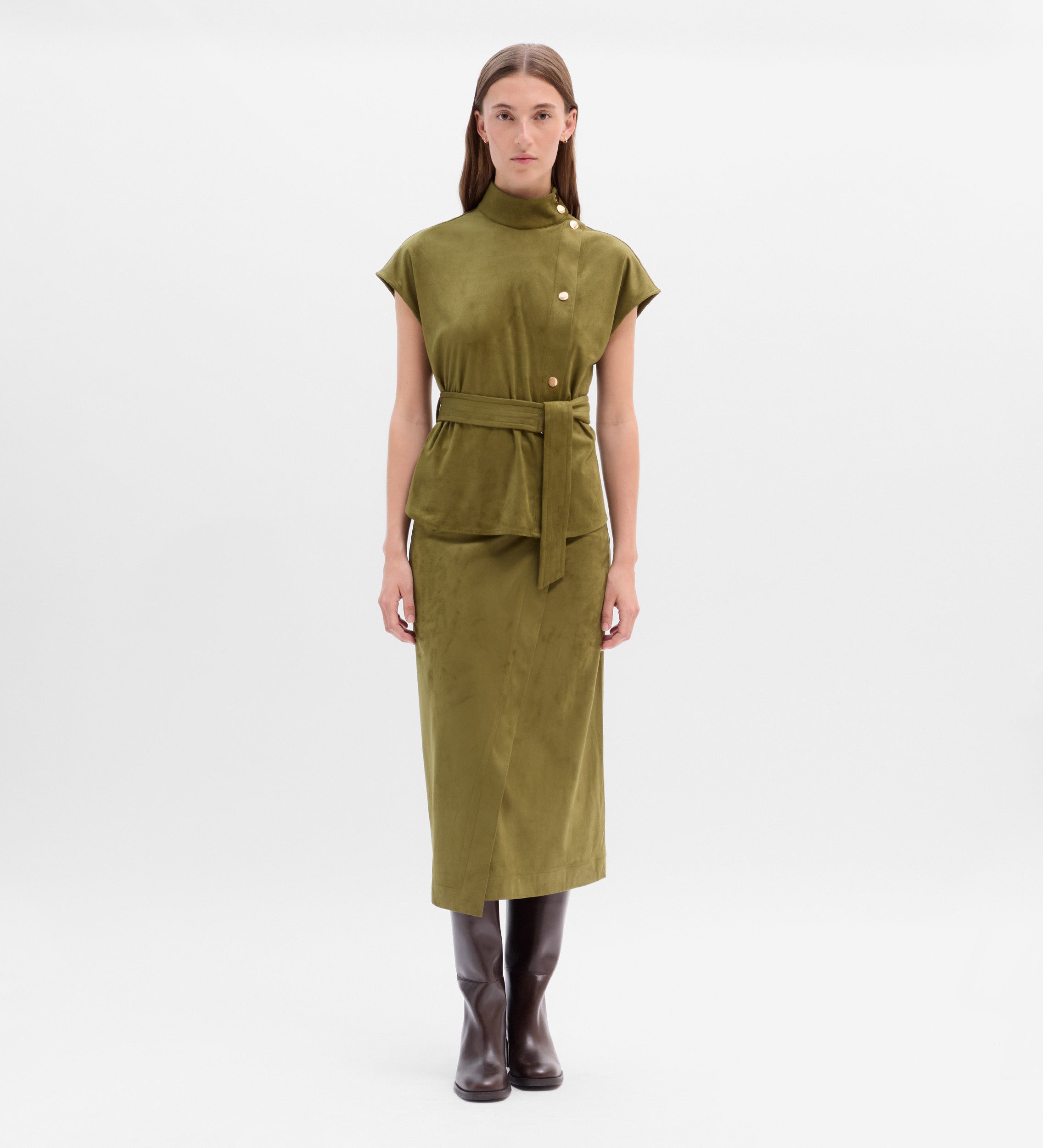 Wrapped suede midi skirt