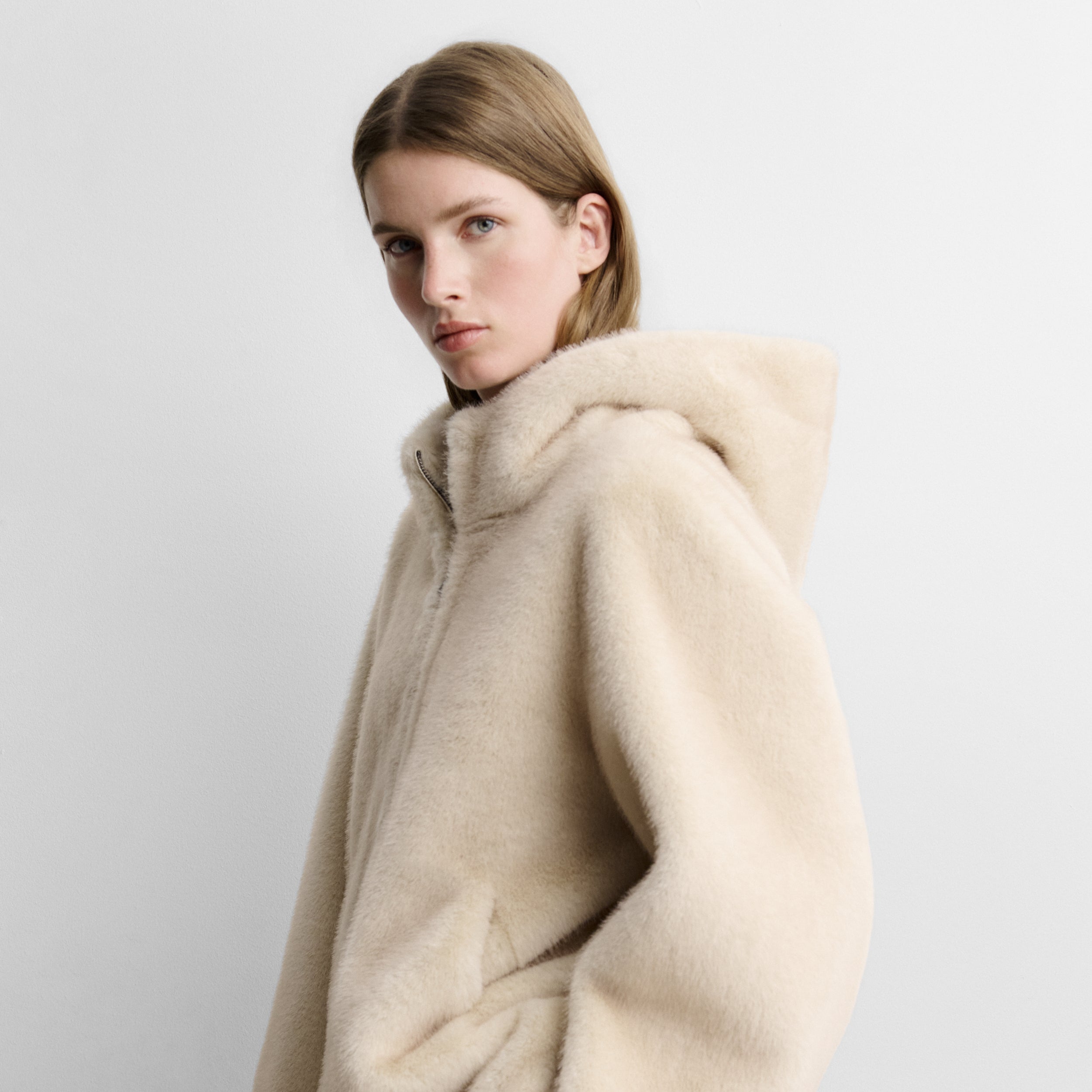 Faux-fur effect long jacket