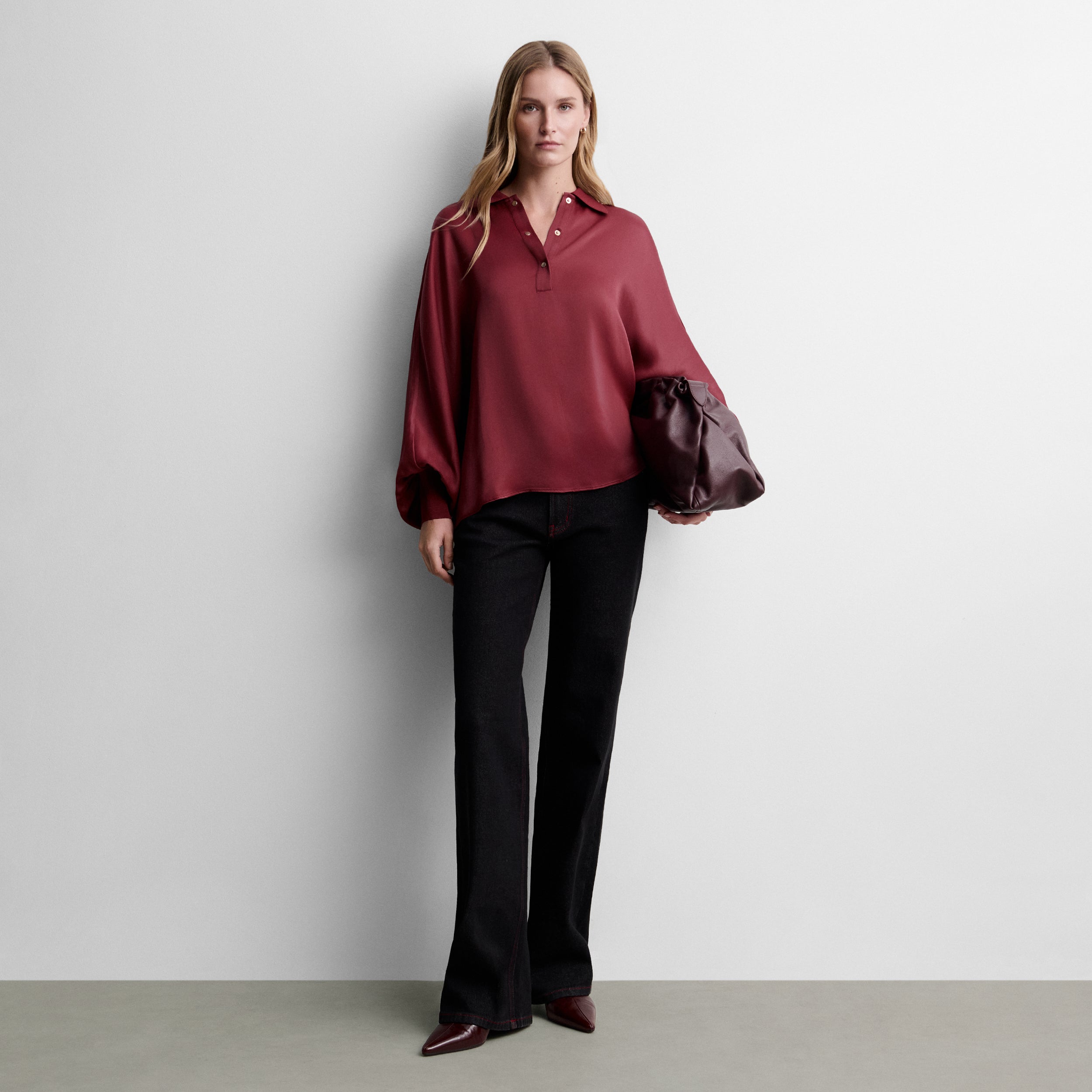 Satin blouse with batwing sleeve