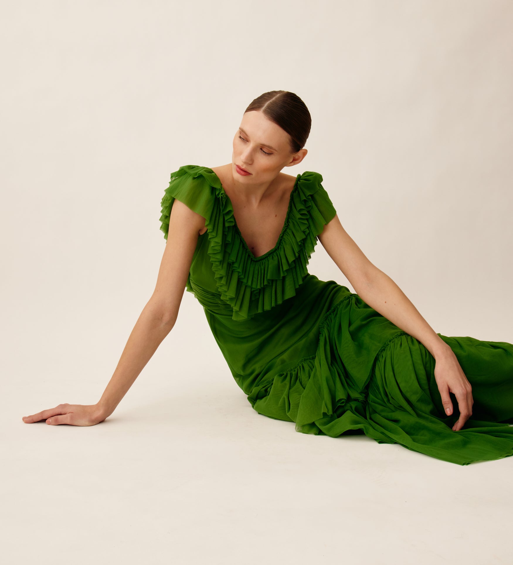 Long tulle dress with ruffles