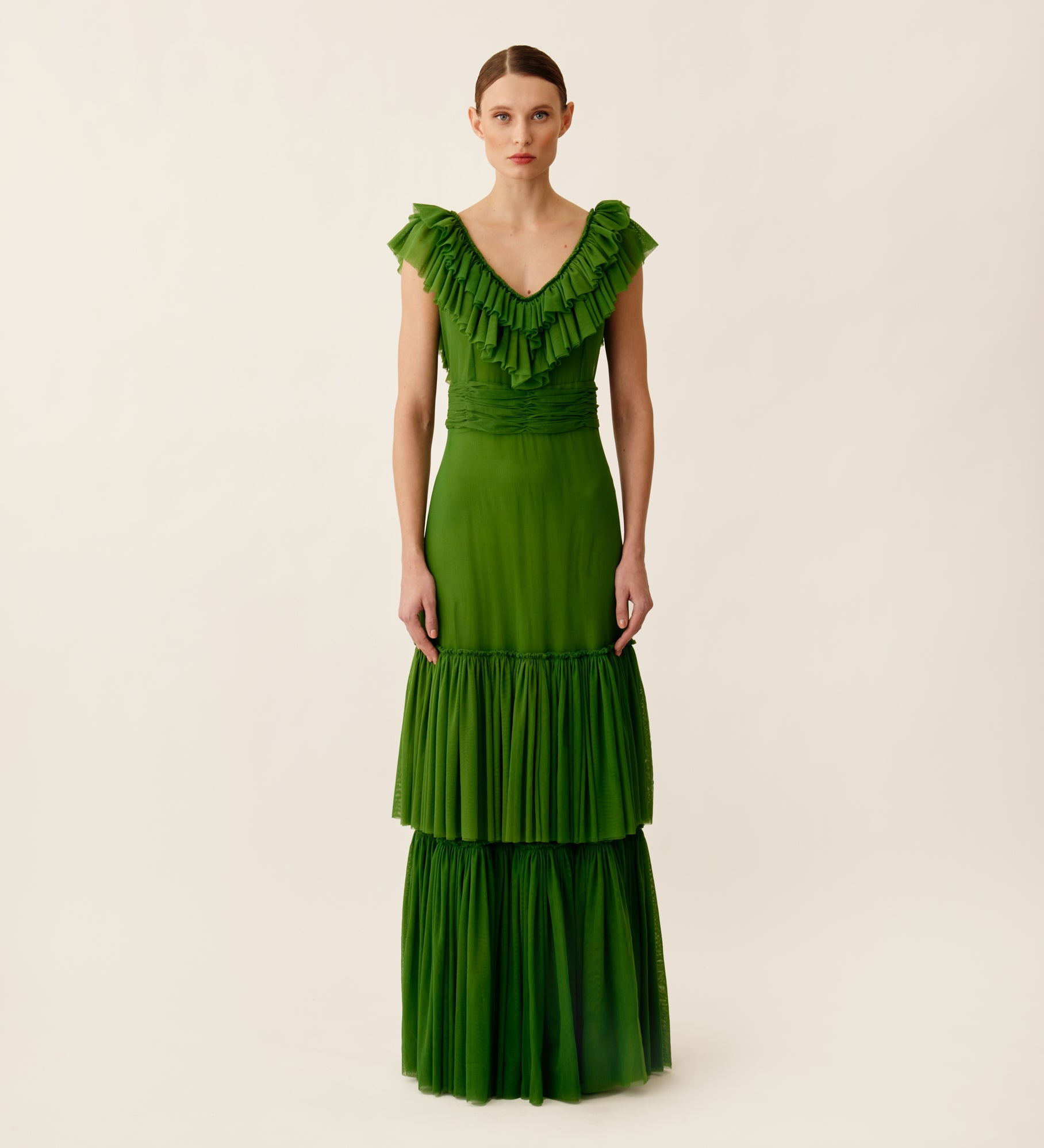 Long tulle dress with ruffles