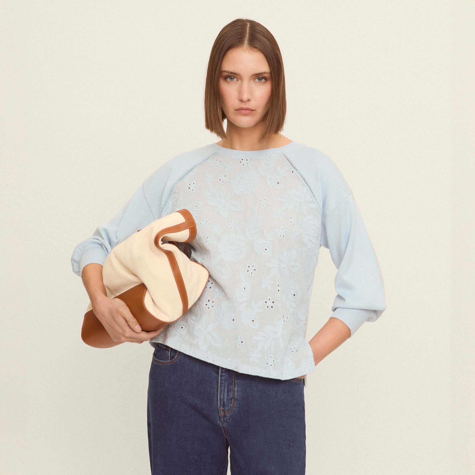 Embroidered cotton front sweater