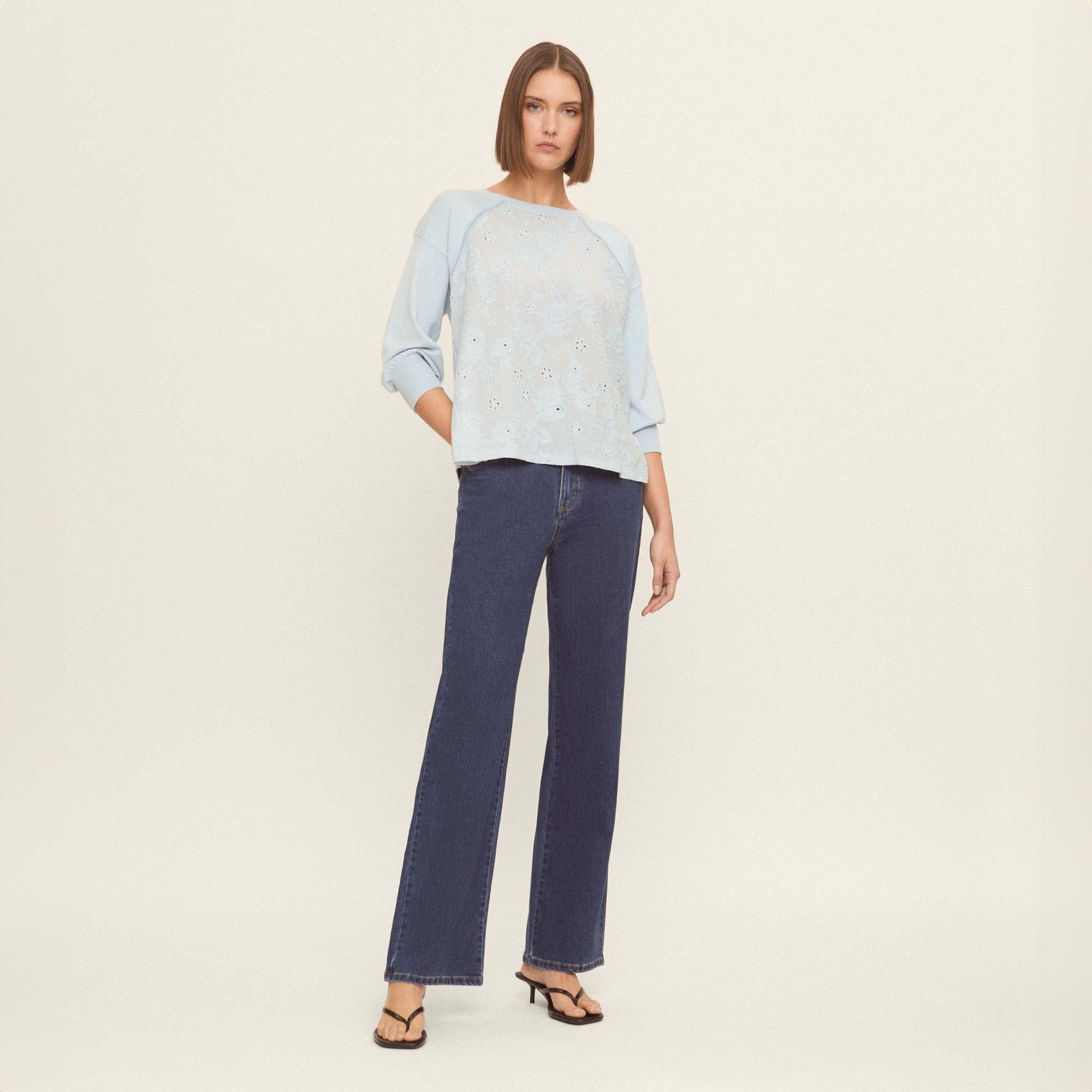 Embroidered cotton front sweater