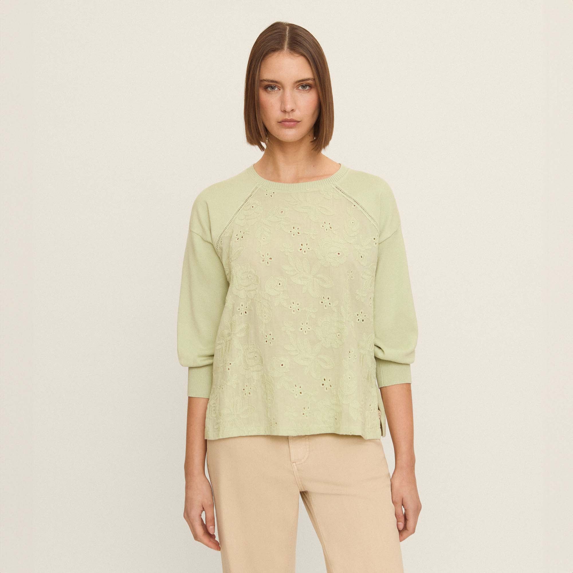 Embroidered cotton front sweater