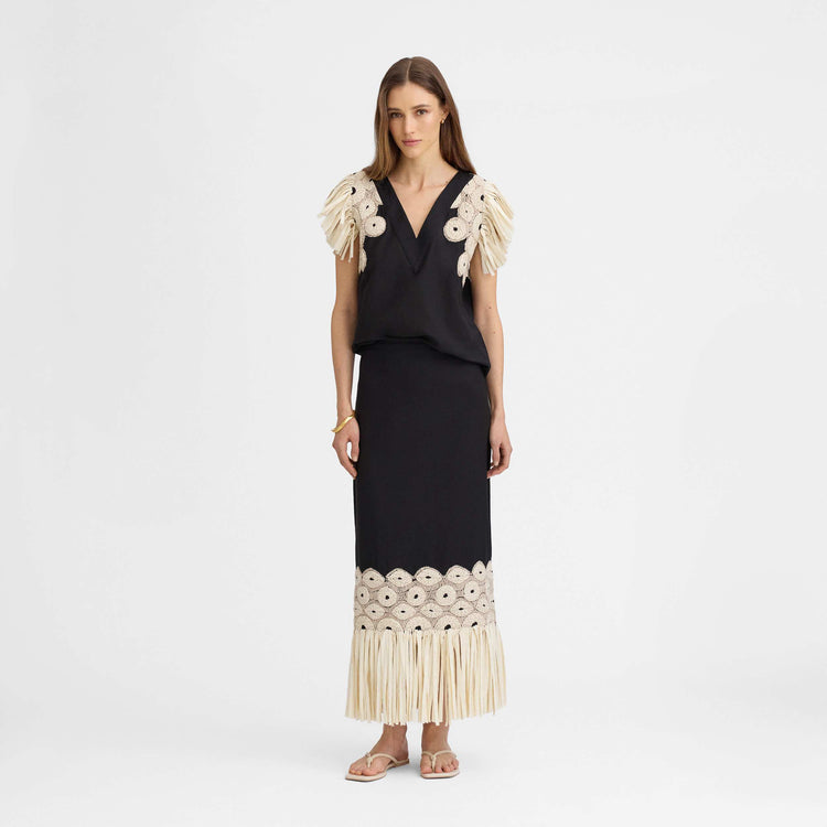 Embroidered fringed skirt