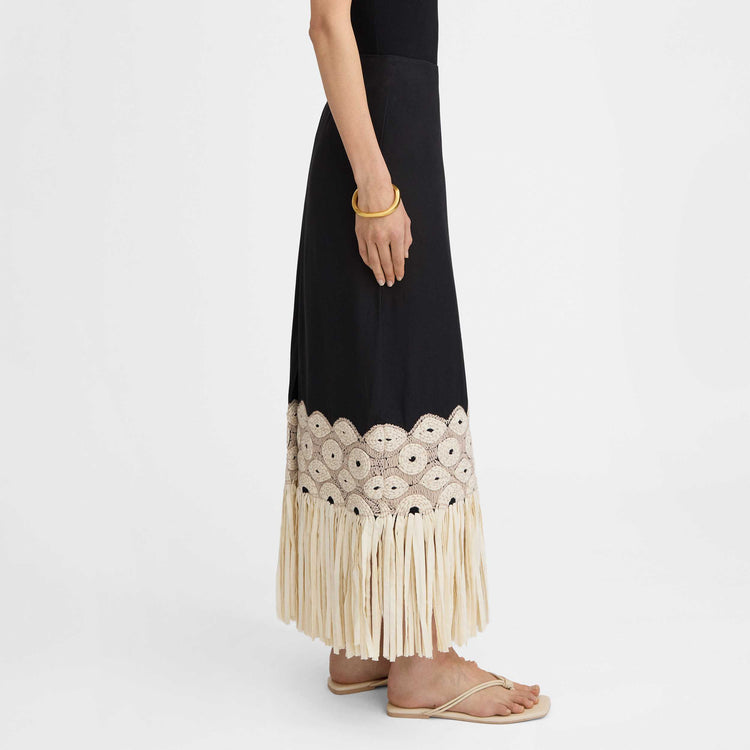 Embroidered fringed skirt