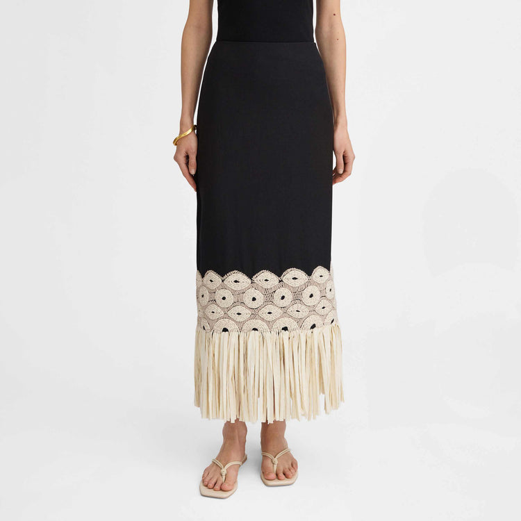 Embroidered fringed skirt