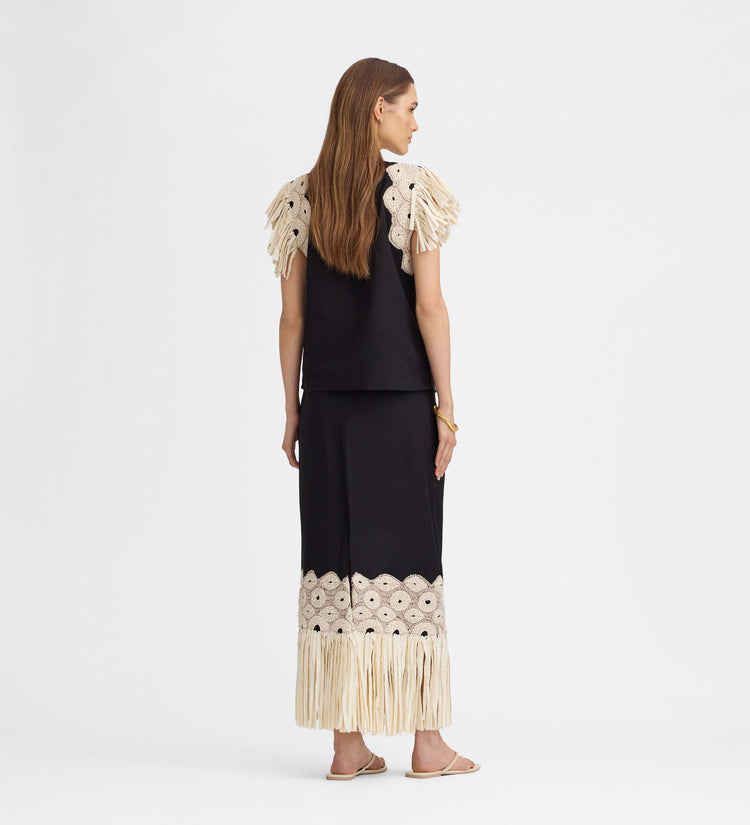 Embroidered fringed skirt