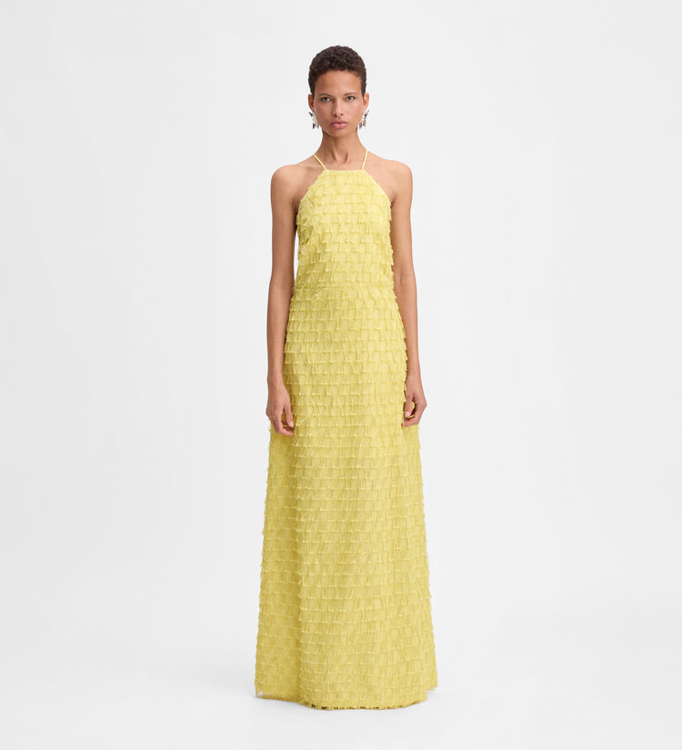 Vestido largo jacquard flecos
