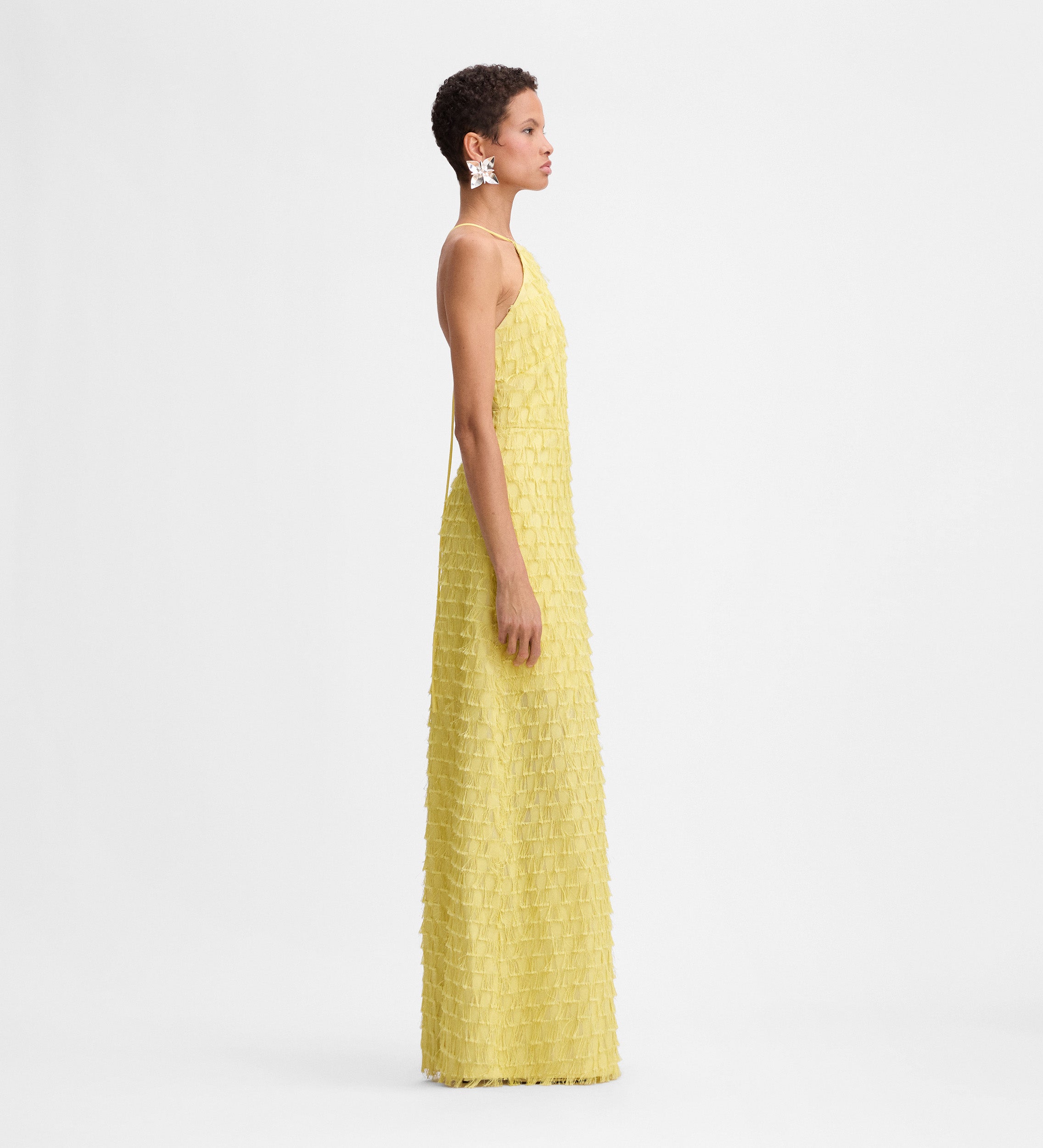 Vestido largo jacquard flecos