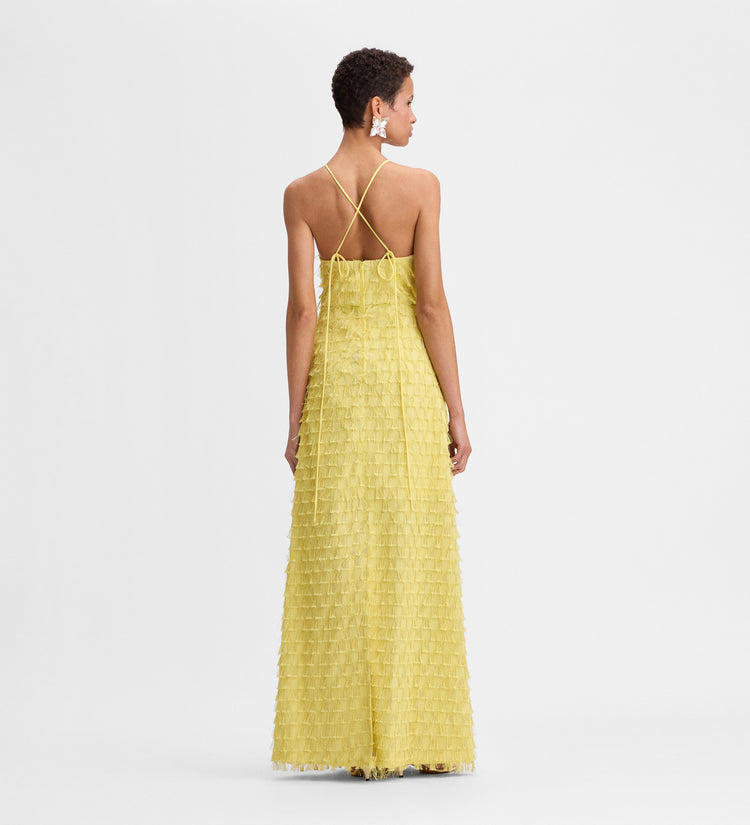Vestido largo jacquard flecos