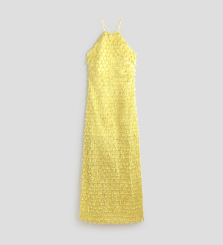 Vestido largo jacquard flecos