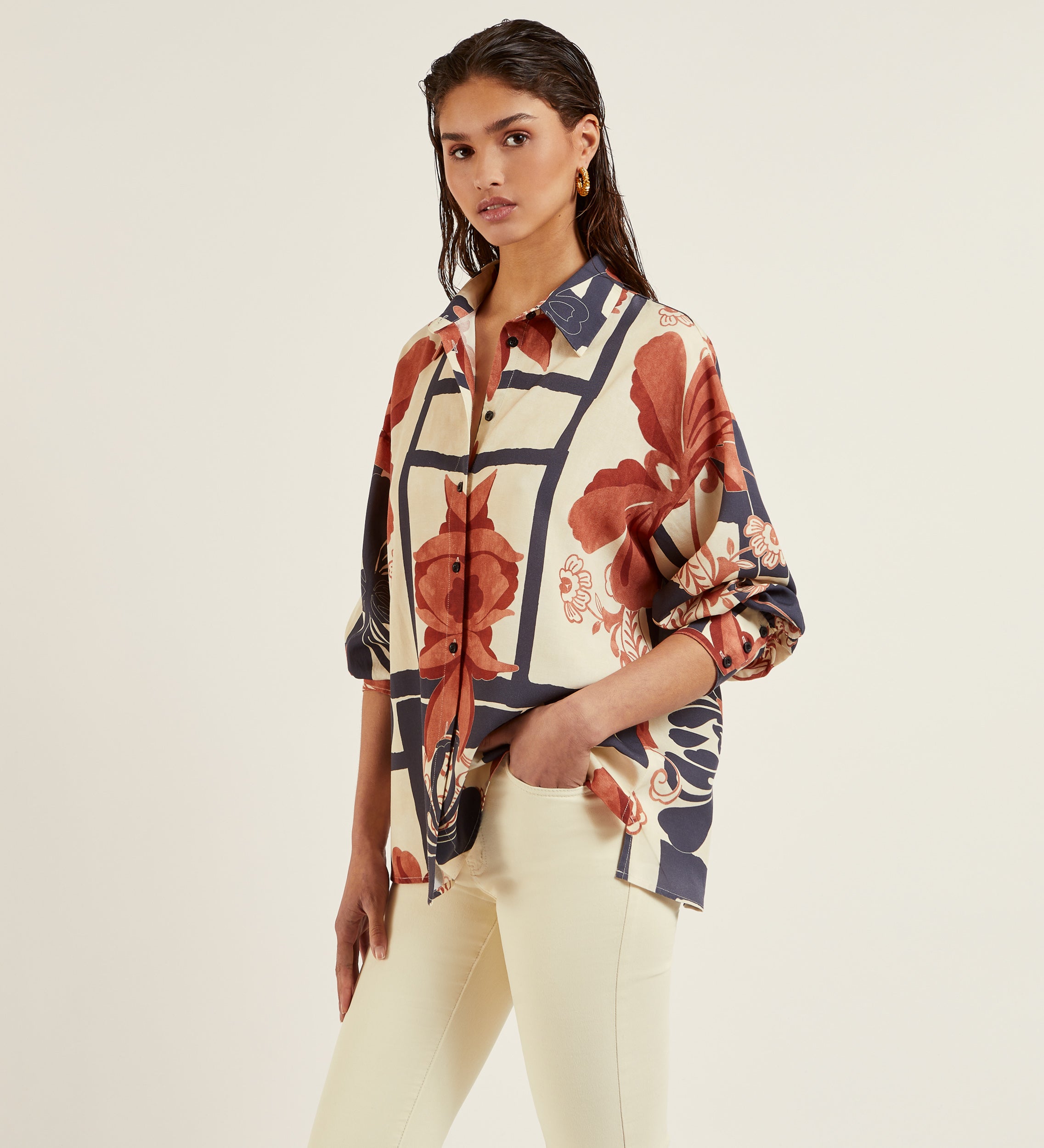 Oversize printed linen blouse