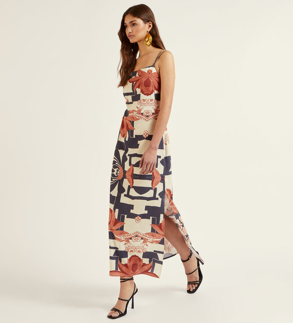 Printed linen strappy dress